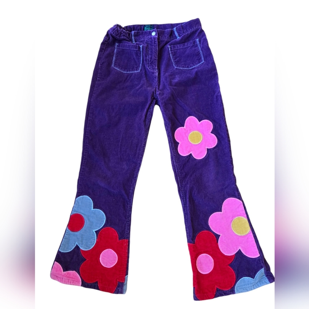 Mini Boden multicolored purple funky floral flare leg corduroy pants
